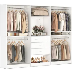 Unikito 98” Closet System with Mirror & 4 Drawers, 8.2FT Heavy Duty Wood Closet Organizer with 4 Hanging Rods, Large Walk-in Wardrobe Garment Rack with Adjustable Shelves