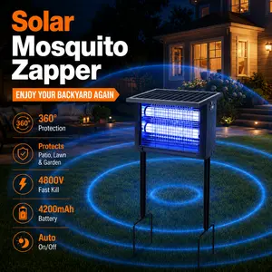 Outdoor solar mosquito killer lamp IP67 waterproof rating featuring a 4800V high-voltage electric grid; supports dual solar and USB charging with automatic on/off functionality—suitable for use in courtyards, gardens, and basements