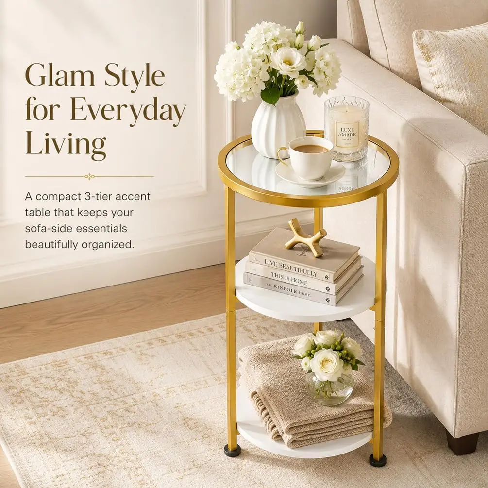 ZEXVIDA White+Gold Tempered Glass Round Side Table - 3-Tier Storage Shelves, Clean Aesthetic, Compact Space-Saving Indoor Furniture, Modern End Table/Nightstand for Small Spaces