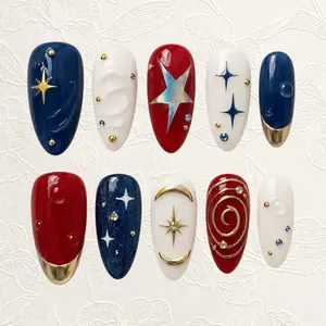 Moon Star Press On Nails, Red Blue Gold 3D Nails, Patriotic Celestial Star Fake Nails, America Holiday Trip Nails, Gift For Her