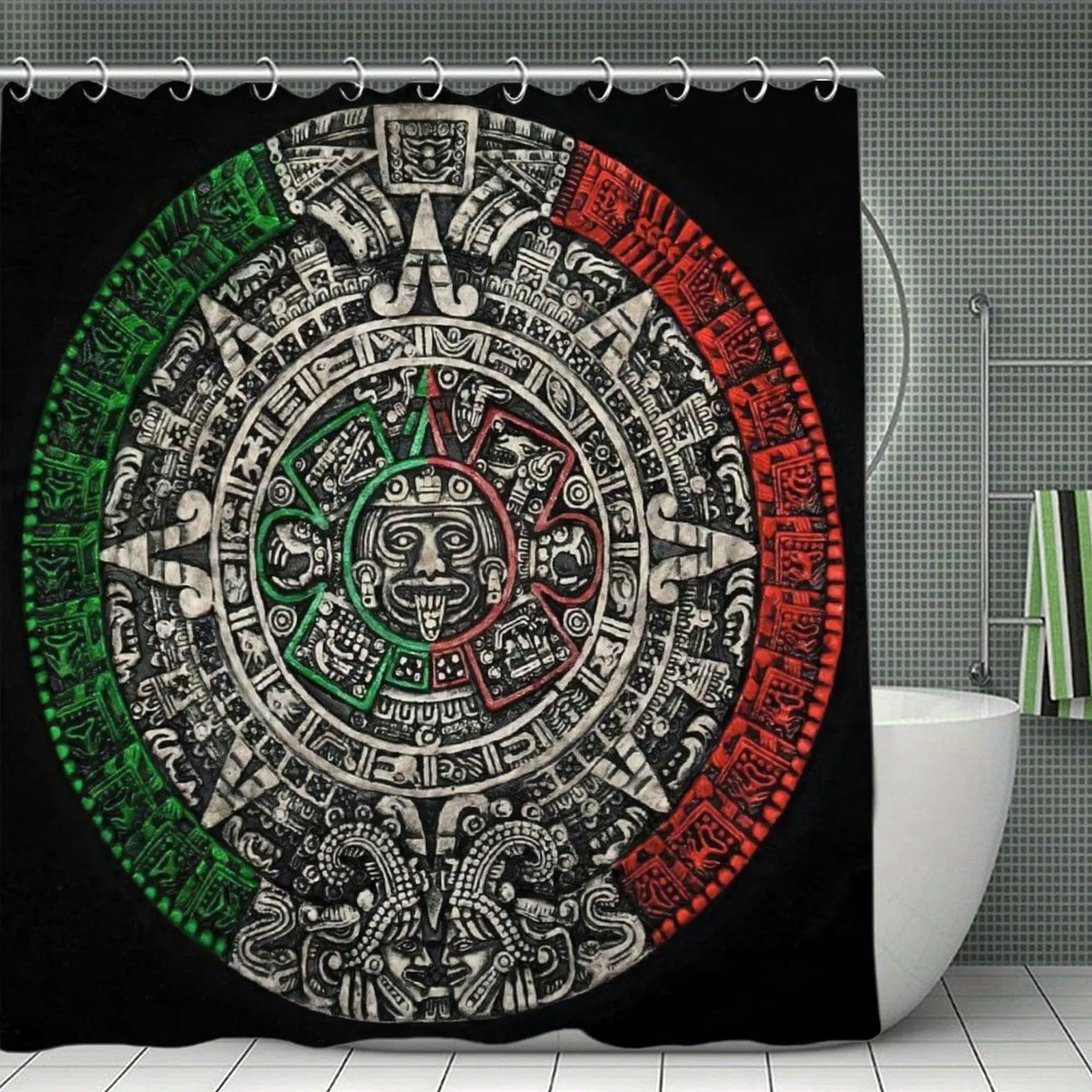 Waterproof Aztec Sun Stone Mexico Flag Colors Print Shower Curtain - Plastic-Stainless Steel Hardware Included, Mexican Heritage Bathroom Decor for Bathtub & Window Spaces, Shower Curtains