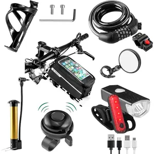 8 Pack Accessories For Bicycle: USB Rechargeable Bike Light Set, 1 Bike Water Bottle Holder, Bicycle Bag, 1 Aluminum Bike Bell and Pump
