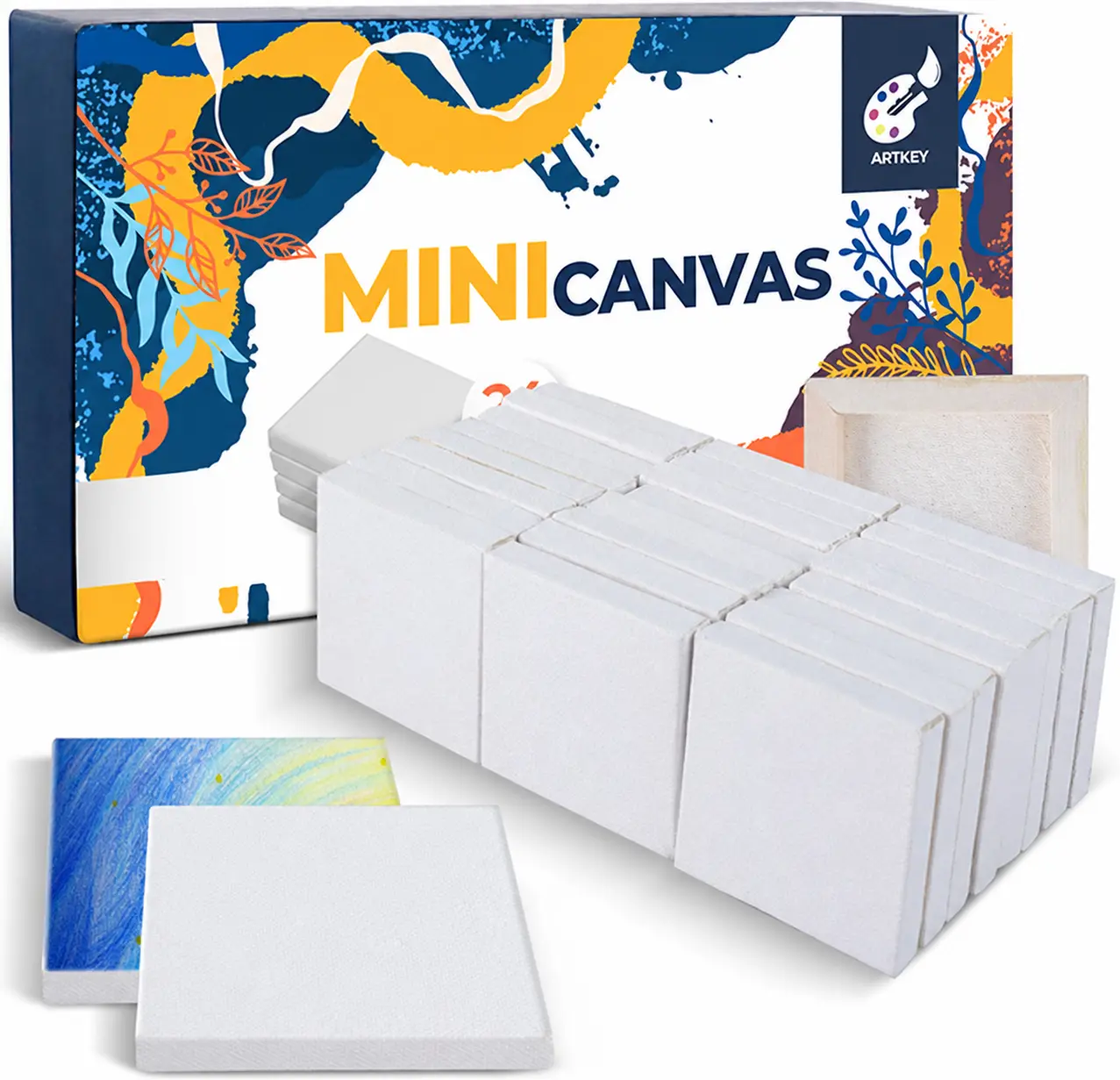 Artkey Mini Canvas Set, 2x2 Inch, 24-Pack Small Square Canvases (100% Cotton, 2/5" Profile) for Acrylic, Oil, Watercolor & DIY Crafts