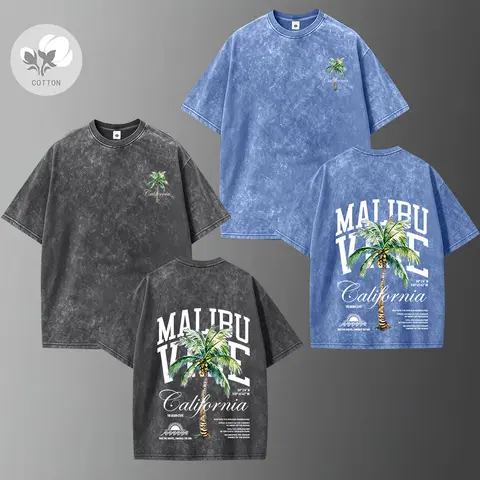 Men’s Retro Street Style Lightweight Cotton Fitted Short-Sleeve Graphic T-Shirt - Vintage Graphic Tees, Palm Tree Print, Washed Distressed, Knit, Round Neck, Tie Dye, Boyfriend Fit - Casual, Sports Wear - Ideal Summer Gifts for Him