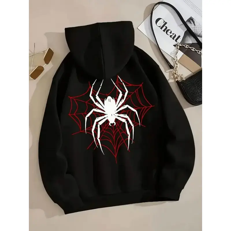 Women's Thick Long-Sleeve Pullover Hoodie, Spider Graphic & Web Print Streetwear Top, Comfortable for Casual Fall-Winter Wear