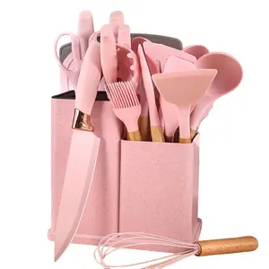 Kitchen Knife Set with Block, Pink 19PC Silicone Kitchen Utensil Set and Stainless Steel Knife Set (19 in 1)