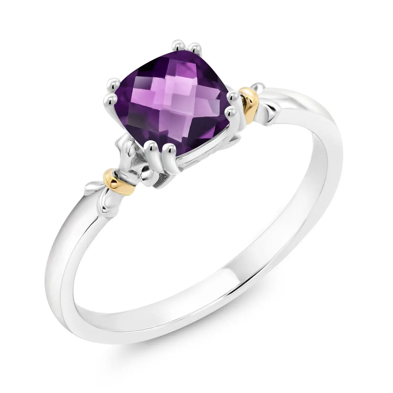 925 Sterling Silver and 10K Yellow Gold 6MM Cushion Cut Gemstone Birthstone Engagement Ring | Wedding Anniversary Promise Ring For Women | Available In Size 5, 6, 7, 8, 9