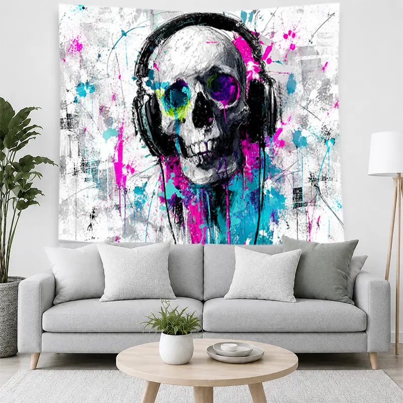Decorative Skull Headphone Tapestry - Black, White, Pink, Blue Graffiti Fabric Wall Art, Edgy Music-Inspired Home Decor for Bedroom, Dorm Room Gift