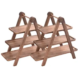 Practical2Pcs Wooden Serving Platter 3 Tier Serving Tray Multi-Function Rectangular Serving Stand Foldable Cupcake Tiered Tray for Wedding PartyDaily Use