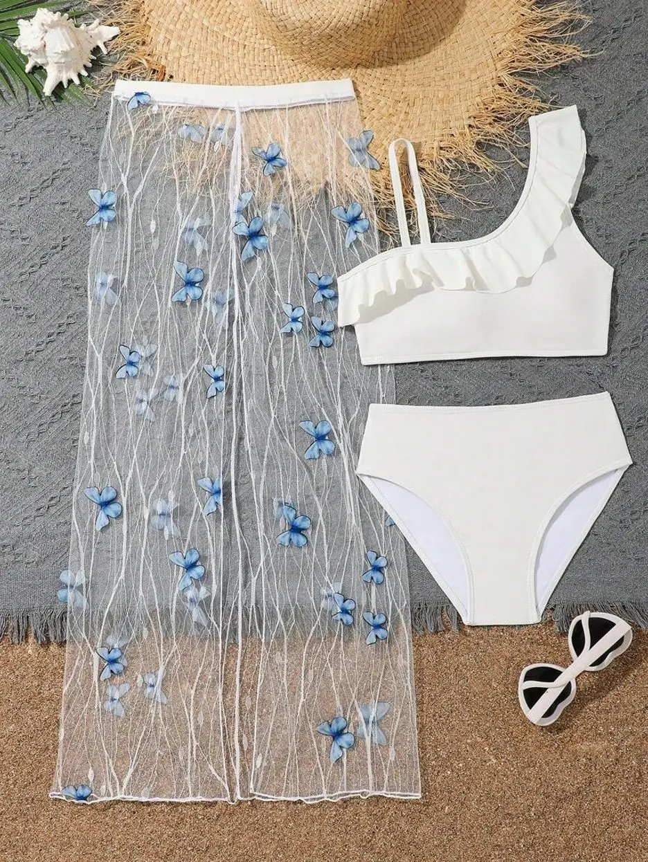 Tween Girl Bikini Set, Two-Piece Split Swimwear With Beach Skirt, Cute Summer Vacation Bathing Suit