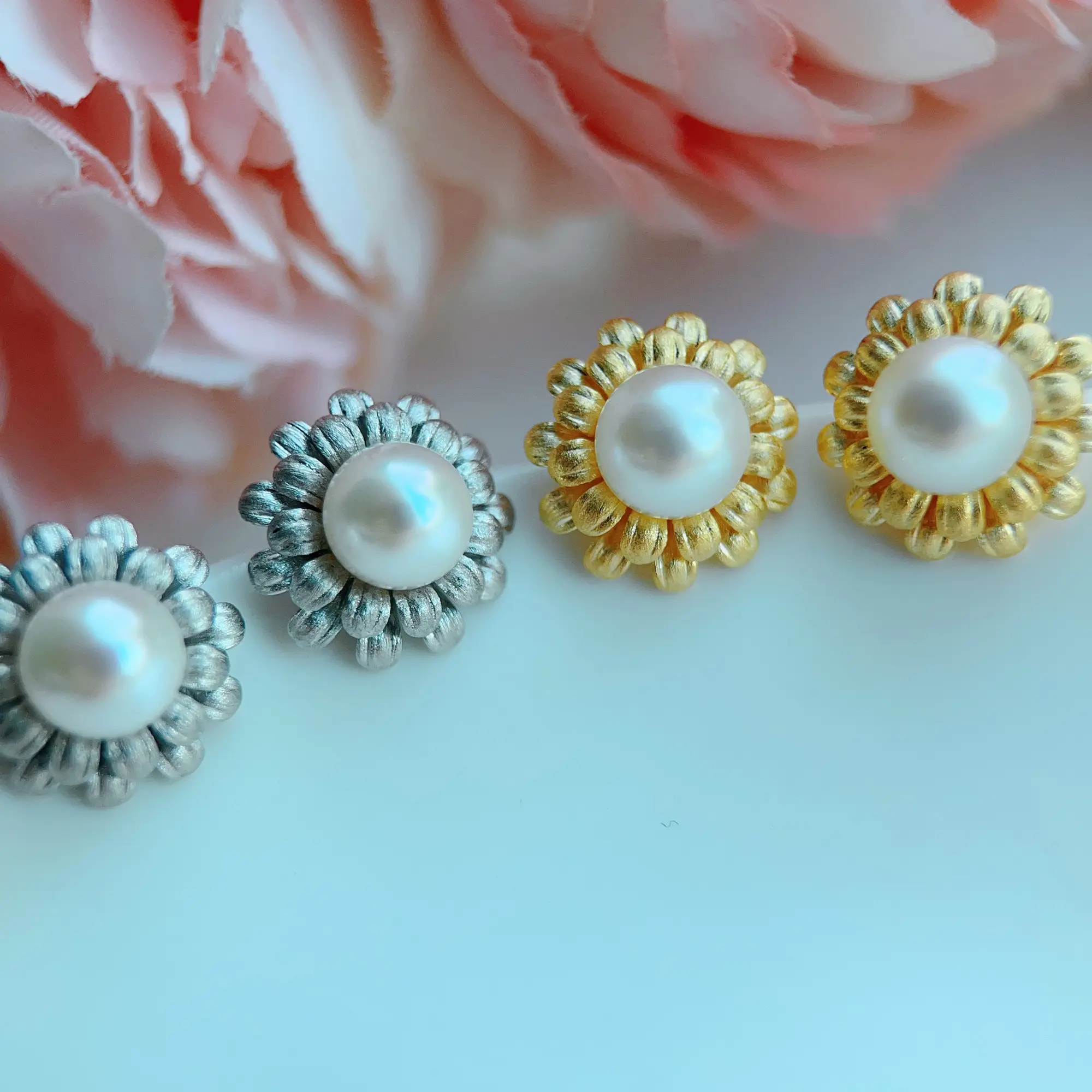 Piswency Genuine Akoya Pearl Earrings, Round Saltwater Pearls Pink Luster, 925 Sterling Silver Studs, Handmade Jewelry Gift for Her