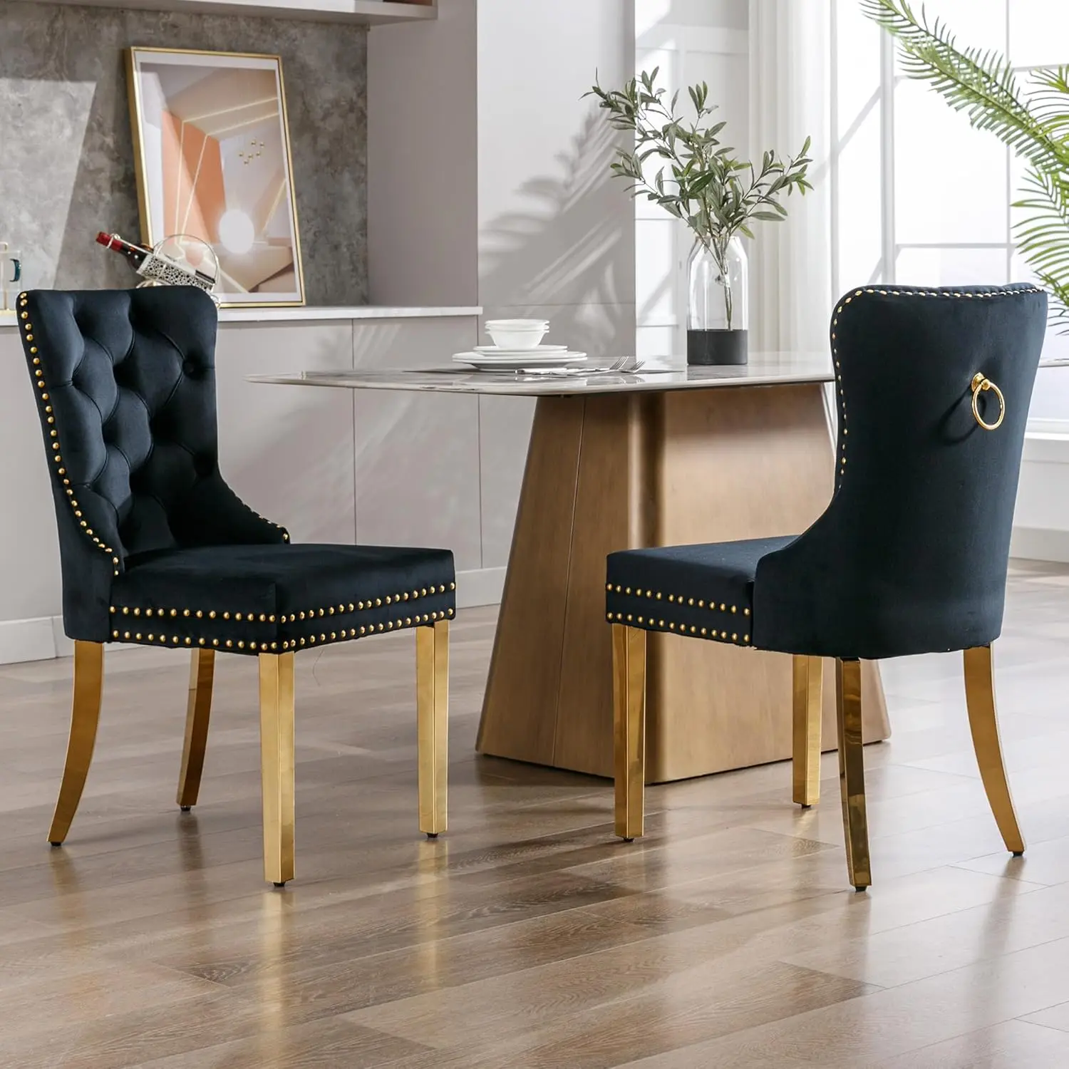 Velvet Dining Chairs Set of 2, Upholstered High-end Tufted Dining Room Chair with Golden Stainless Steel Plating Legs Nailhead Trim for Kitchen (2-Pcs Set)