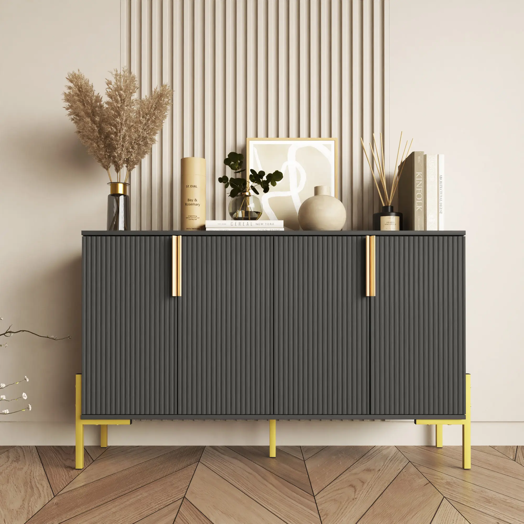 48" Black Farmhouse Sideboard Buffet Cabinet - 4-Door Storage Cabinet with Adjustable Shelves & Golden Legs, Living Room Decor, Apartment Furniture for Kitchen, Dining Room Indoor Cupboard