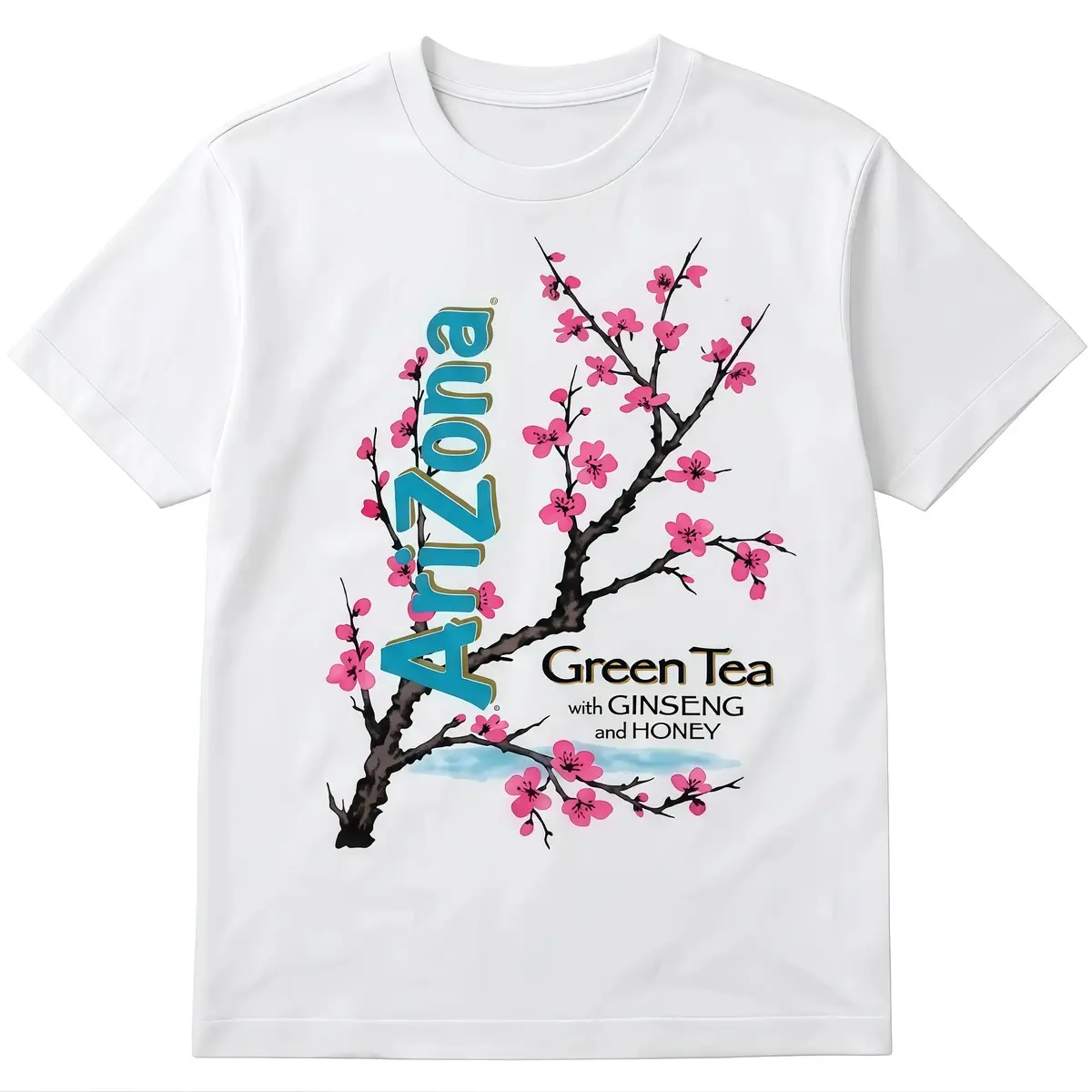 Women's Unisex Boxy Fit Heavyweight Short-Sleeve Round Neck Cotton Tee - Vintage Arizona Green Tea Cherry Blossom Graphic, Casual Soft Breathable Crewneck, Summer Streetwear Aesthetic Gift Top, Shortsleeve