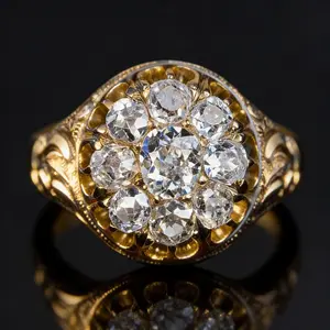 Victorian vintage style cluster-set wide face signet ring, featuring light luxury hand-inlaid synthetic zirconia, antique jewelry design, old-mine cut cluster-set signet ring. The whole ring shines brilliantly, a perfect gift for her.