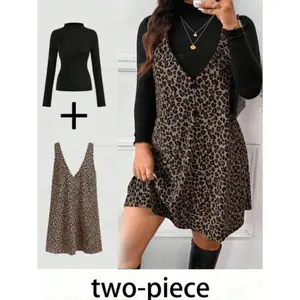 2 - Piece Leopard Print Cami Dress + Black Turtleneck Top for Women | Button Design, Fleece Lined for Warmth, Perfect for Fall/ Winter Parties and Retro - Style Outings