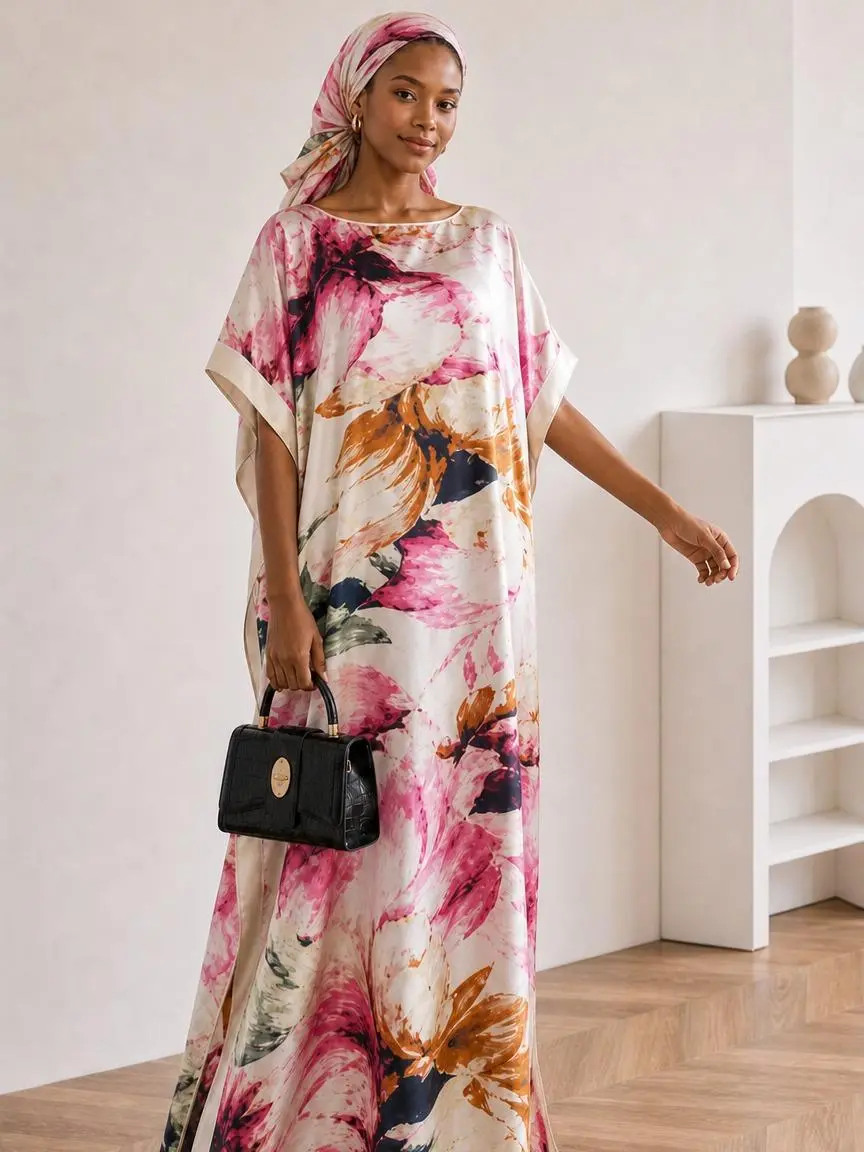 Women's Caftan Dress Set, 2-Piece Oversized Rose Floral Print Outfit with Scarf - Soft, Light & Feminine Casual Wear, Beach Cover Up, Drape, Comfortable