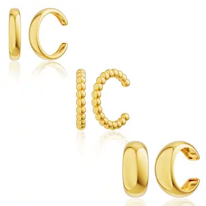 Tewiky 14K Gold Plated 3PCS Chunky Thin Ear Cuffs for Women Non-Piercing Design Dainty Trendy Cartilage Jewelry Gift for Valentine’s Day