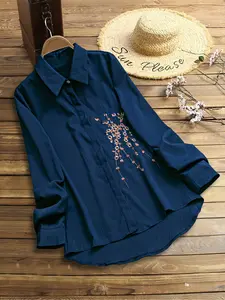 Women's New Embroidered Shirt Fashion Elegant Casual Floral Long Sleeve Blouse, Loose-Fitting Plaid Pattern, All Seasons Wear, Spring Womenswear