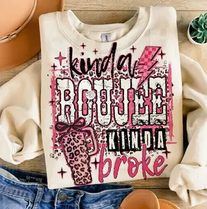 Coquette Pink Leopard Kinda Boujee Kinda Broke TShirt or Sweatershirt, Coquette Bow Snarky Sublimation Design Sweaters, Motivation, Antisocial Shirt