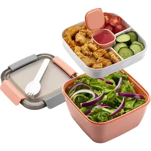 Salad Lunch Container To Go, 52-oz Bowls with 3 Compartments, Dressing Container for Toppings, Snacks, Men, Women ()
