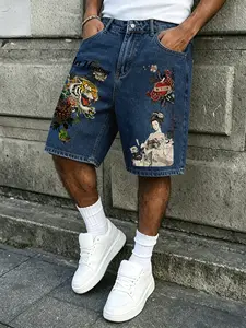 Men's Baggy Light Wash Denim Shorts Japanese Ukiyo-E Tiger & Geisha Tattoo Print High Waist Casual Streetwear Jorts Summer Knee-Length Jean Shorts for Daily Hip Hop Outfits