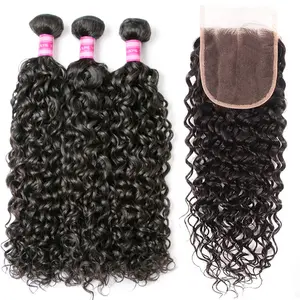 12A Water Wave Bundles Brazilian Virgin Human Hair with 4x4 Lace Closure with Baby Hair Free Part  Curly Wave Human Hair Extensions
