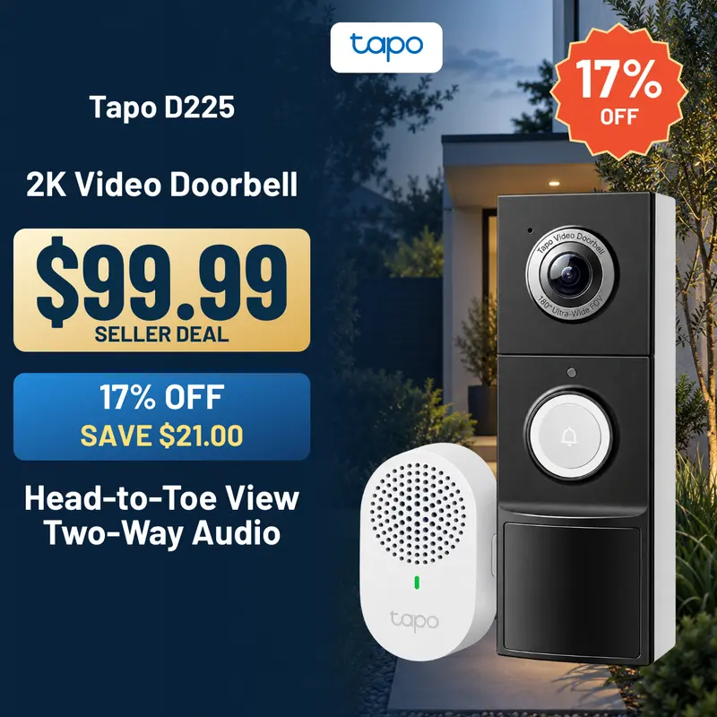 TP-Link & Tapo D225 Smart Video Doorbell Camera with Chime | 2K QHD, 180° Head-to-Toe View, Battery or Hardwired, Color Night Vision, FREE Person/Package/Vehicle AI Detection, Ring-Call, 24/7 Local Storage