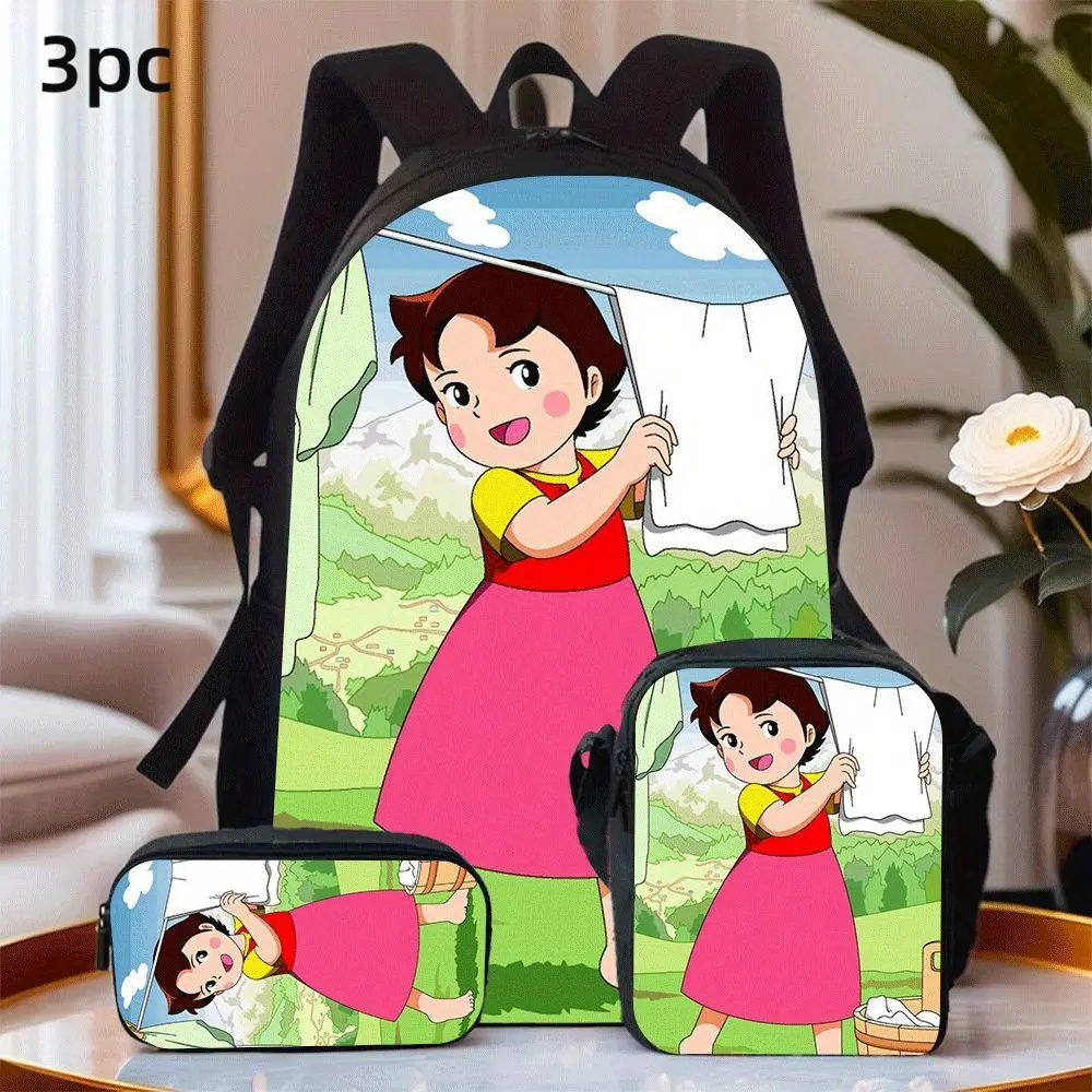Kids' Synthetic 3-Piece Anime Graphic Backpack Set Pack - Durable, Water-Resistant, Lightweight, Top Hand Grip, Zipper Closure Back to School Set with Lunch Box, Heidi Girl Print, Green Mountain Design for Vintage Cartoons Fans (Hand Wash Only)