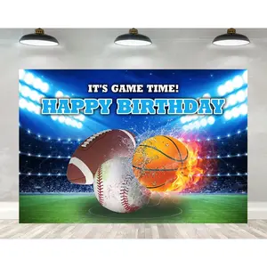 5x3ft  Birthday Backdrop Boys Football Basketball Baseball  Birthday Background It's  Time   Theme Birthday Party Banner Wall Decorations Props
