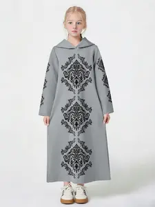 Girls' Vintage Hooded Robe, Light Classic Color, Abaya, Casual All Seasons Wear, Long Sleeve, Asymmetric Design, Kids Girls Clothing
