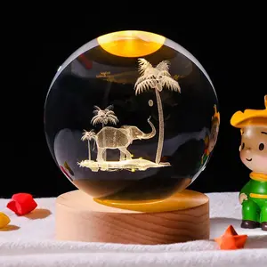 3D Elephant Crystal Ball Night Light with Wooden Base K9 Crystal Figurine Lamp Colors 4 Modes USB Powered Desk Decor for Women Kids Friends Adults
