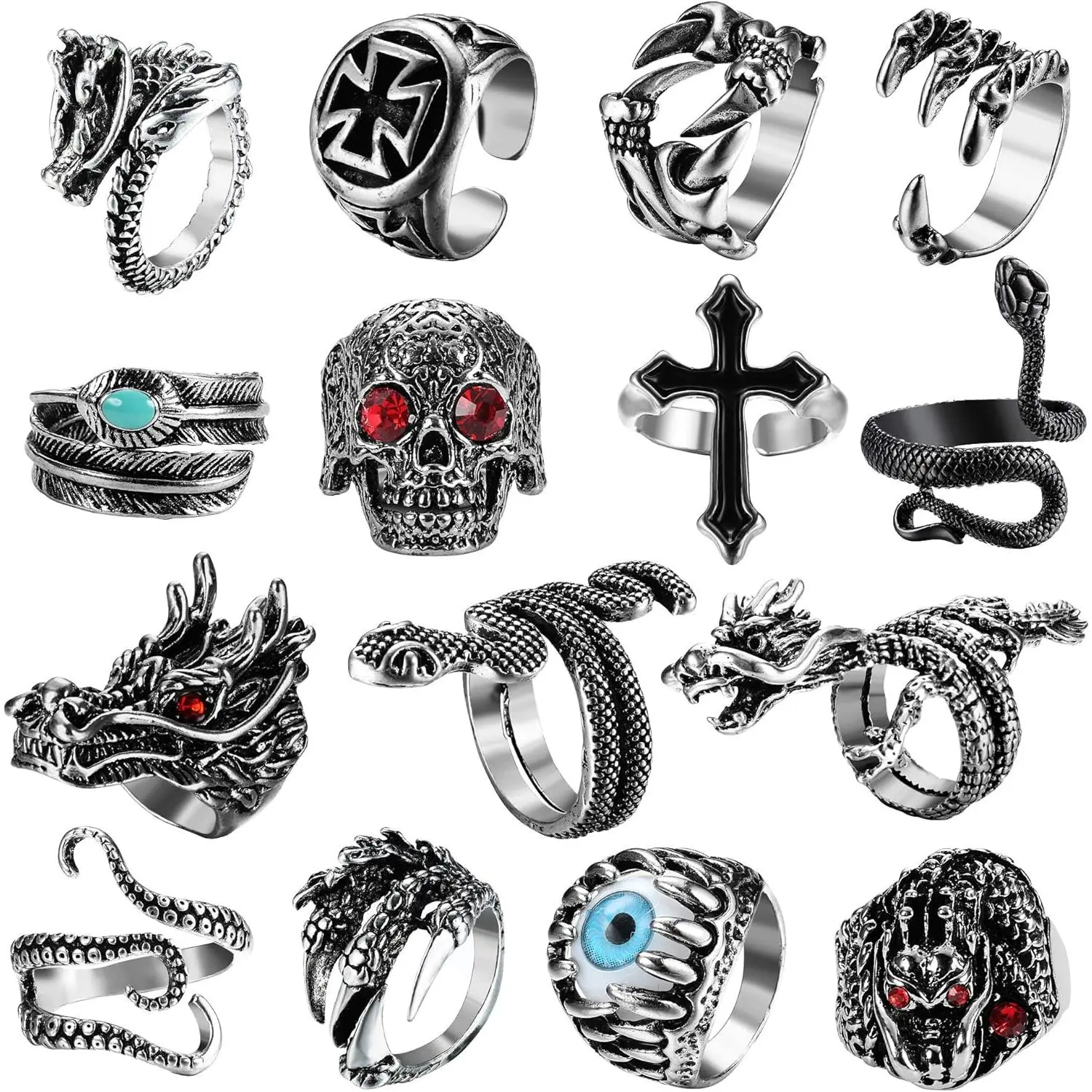 Vintage Gothic Punk Style Stacking Rings Set, 15-Piece Adjustable Dark Aesthetic Rings Including Skull Dragon, Snake, Cross Designs for Men & Holiday Gifts, Streetwear Accessories, Punk Style Ring