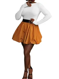 [Vibrant] Women's Orange Mini Lantern Skirt 2-piece Set, Top with Women's Open Back Elastic Shirt T-shirt, Loose fit, Summer Solid Color Bubble Skirt, High Waist A-line Women's Dress, Women's Tennis Skirt