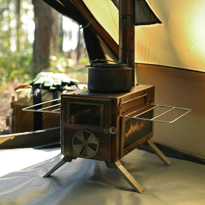 Dandelion Shell Portable Camping Wood Stove with View Glass Cooking Function 8 Stainless Steel Chimneys for Shelter Hunting Outdoor Cooking Heating 304 Stainless Steel Woodfire Grill campingessentials