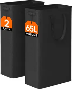 2 Pack Slim Laundry Hamper, Collapsible Narrow Laundry Basket, Small Tall Dirty Clothes Hampers with Handles for Bathroom Bedroom College Dorm, Black, 65L