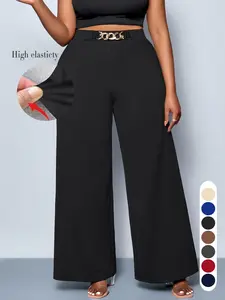 Women's Plus Size Casual Plain Wide Leg Pants, Long Fitted Kint Fabric, All Season Comfortable Clothing for Daily Wear & Travel