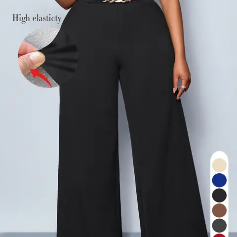 Women's Plus Size Casual Plain Wide Leg High Waist Elastic Pants, Long Fitted Kint Fabric, All Season Comfortable Clothing for Daily Wear & Travel, All Seasons Trousers