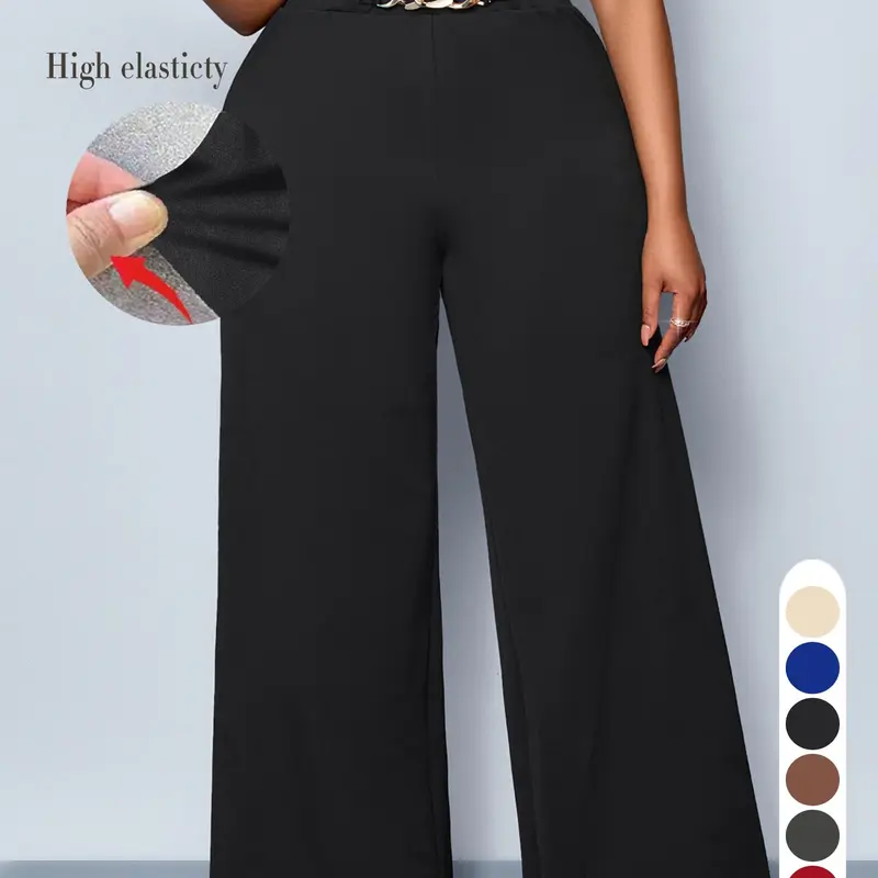 Women's Plus Size Casual Plain Wide Leg High Waist Elastic Pants, Long Fitted Kint Fabric, All Season Comfortable Clothing for Daily Wear & Travel, All Seasons Trousers