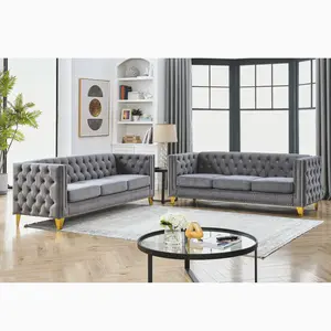 Chesterfield Sofa Set of 2, Modern Velvet Couch with Button Tufted & Nailhead Trim, Upholstered Deep Seat Couch, Comfy Sofa for Living Room, Bedroom, Apartment, Office(80.5" W + 80.5" W)