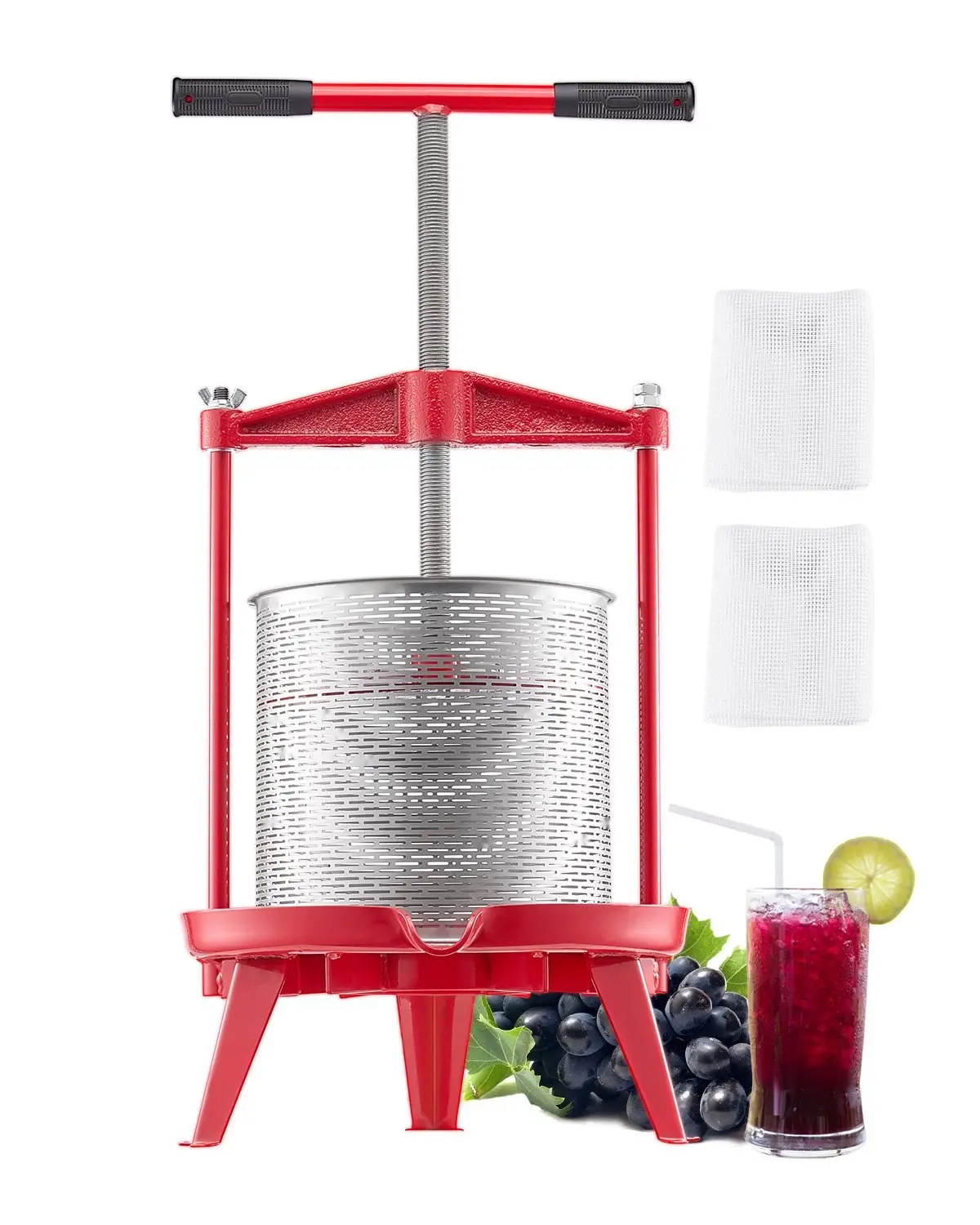 3.69 Gal / 14 L Fruit Wine Press With Stainless Steel Basket, Cross-Beam Triangular Frame, Manual Juicer For Cider, Apple, Grape Tincture Making, T-Handle Press For Kitchen Home Winemaking