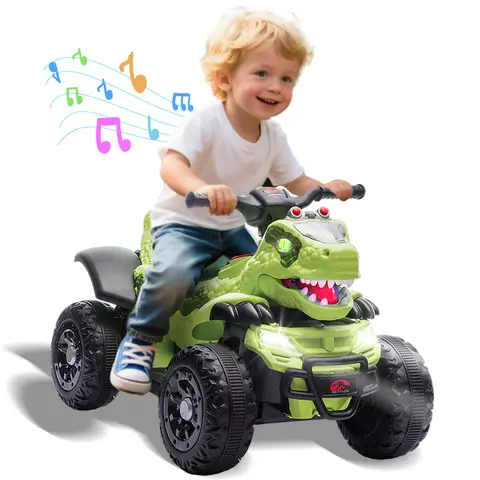 DinoRider 12V Kids Ride On Electric ATV Dinosaur Shape Design with Cool Lights 2WD Multimedia Center Panel Children's Favorite Songs Bluetooth Microphone Interface Power Display for Ages 1-5 - Sticker   Interactive Fun Music dirtbike