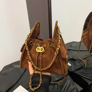 Women's Suede Bucket Bag with Chain Strap, Gold Lock Closure Drawstring Crossbody Handbag, Luxury Vintage Brown Shoulder Bag