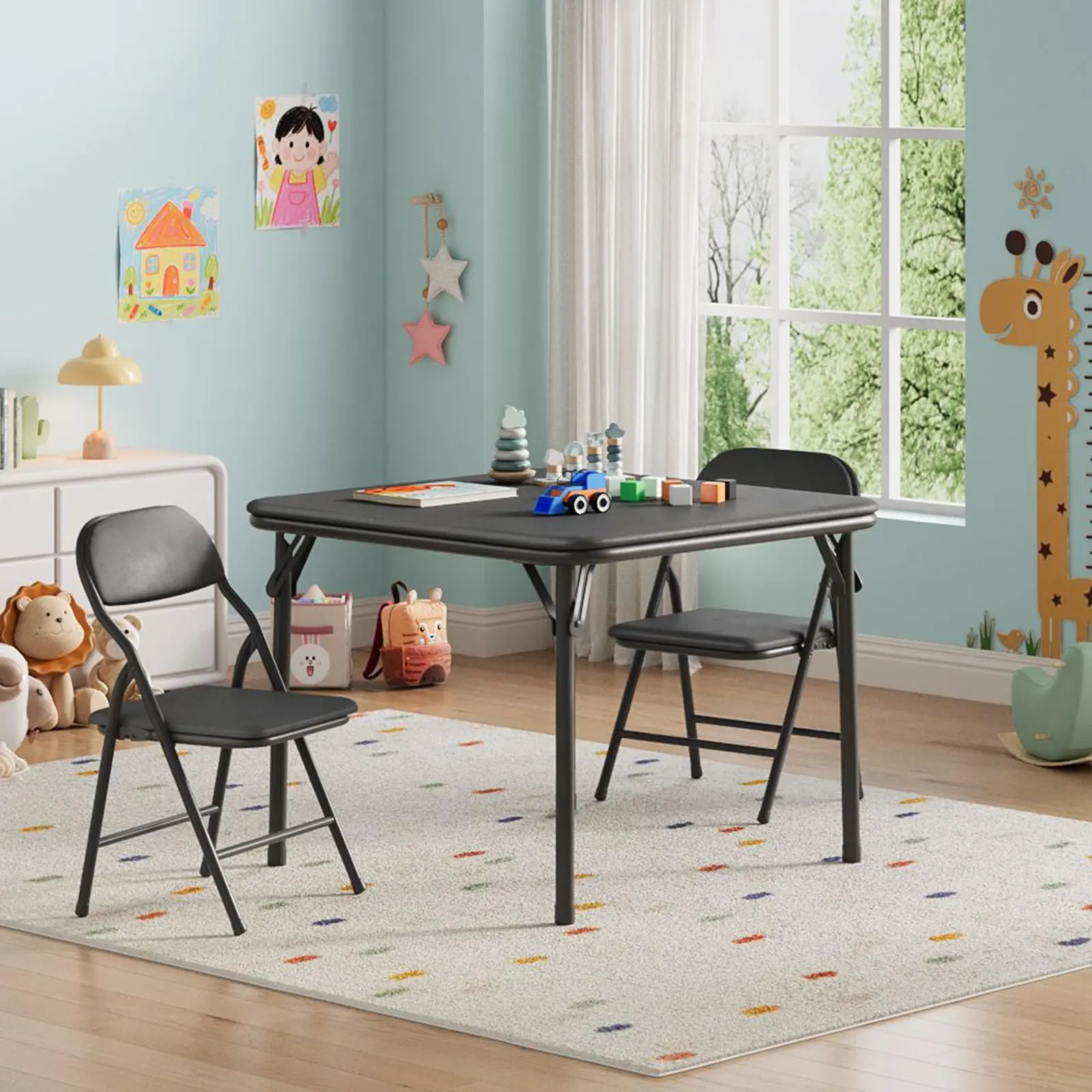 3 Piece Folding Kids Table and Chairs Set, Children Activity Table and Chairs Set for Dining Room,Daycare,Classrooms, Black table study desk