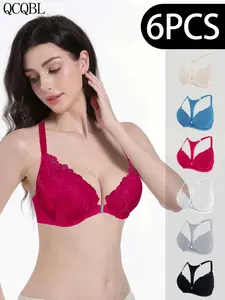 6-Pack Elegant Lace V-Neck Push-Up Bras, High-Wire Deep V-Neck, Backless Design, Breathable Solid Knit, Daily & Special Occasions
