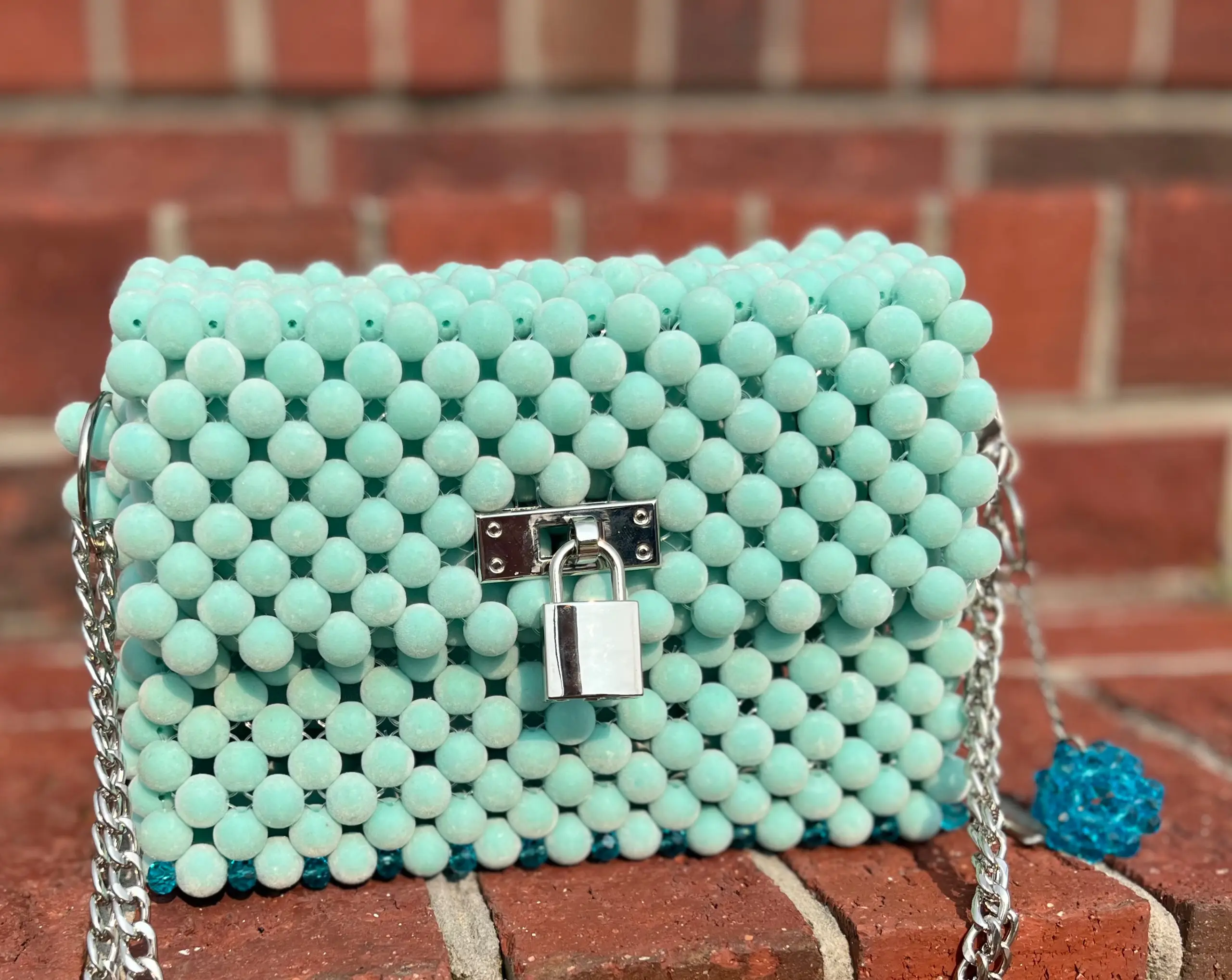 Velvet Beaded Handbag with Lock & Chain Strap