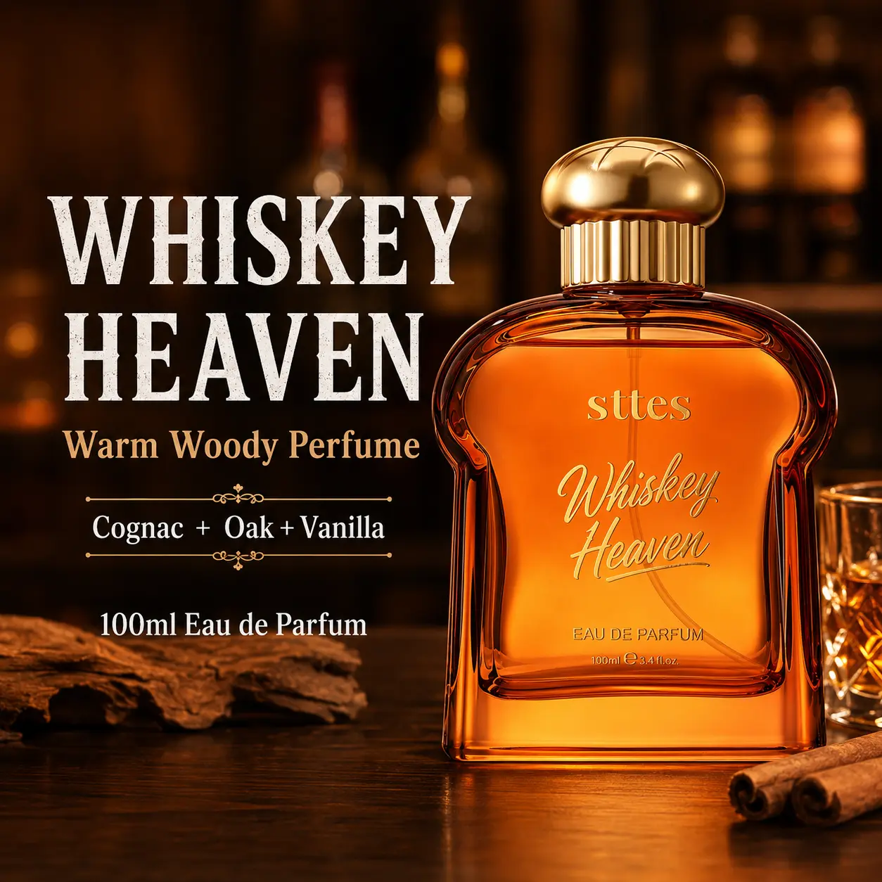 sttes Whiskey Heaven Eau de Parfum, Warm Woody Spicy Perfume for Men & Women, Cognac, Oak, Vanilla & Musk Fragrance Spray, 100ml/3.4 fl oz