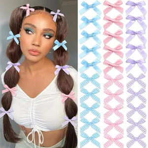 30 count  Mini Bows for Hair Blue Gingham Silk Satin Hair Bows for Women Cute Ribbon Bows Small Bowknot Hair Barrettes  Clips Accessories for Girls