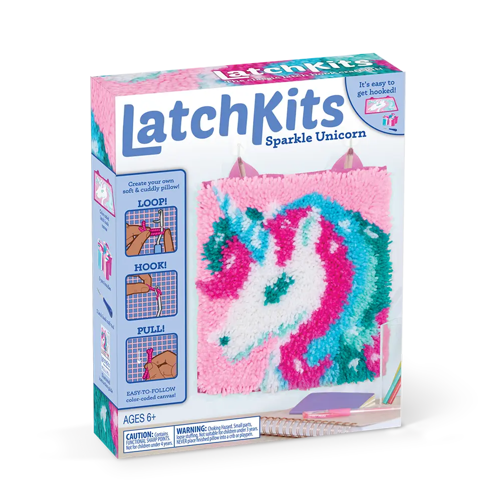 LatchKits Latch Hook Kits for Kids – Kids Crafts, Arts and Crafts, Yarn Art, Wall Hanging & Mini-Rugs, Craft Supplies, Pre-Cut Yarn, Easy Pattern, Hook Included, Arts & Craft, Ages 6+, Unicorn