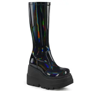 Demonia Women's Shaker-65 Stretch Black Patent Holo Ankle Boots